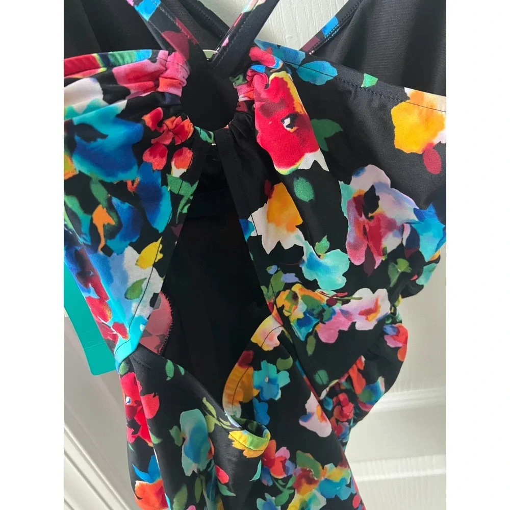 Aqua Green Floral One Piece Swim Bathing Suit‎ Size L NEW